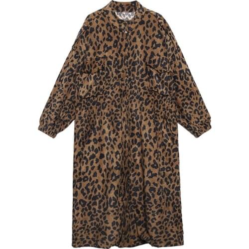 Women Corduroy Outwear Ladies Spring and Autumn Windbreaker Long Coat Leopard print corduroy fashion all-match FC629
