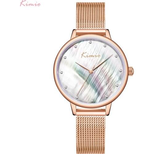 Fashion KIMIO Brand Women Natural Shell Big Dial Watches Ladies Stainless Steel Mesh Belt Quartz Watch Waterproof Bracelet Wrist