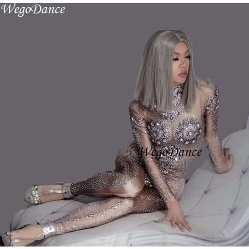 New Star Style Big Glass Diamonds Woman Jumpsuit Full Sparkling Crystals HandMade Bodysuit Nightclub Party Clothing