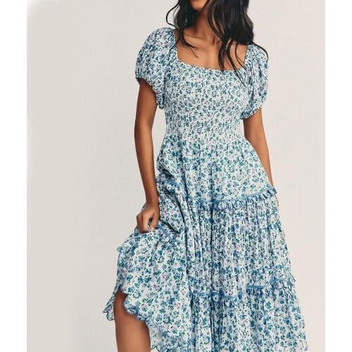 GypsyLady Floral Printed Midi Dress Off The Shoudler Sexy Summer Dresses for Women Lantern Sleeve Ruffles Holiday Ladies Dress