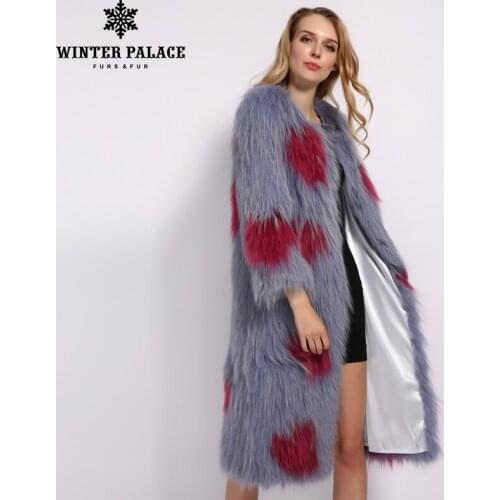 WINTER PALACE 2019 Womens New Fashion Fox Coat Long Knit Fur Coat Contrast Peach Heart Pattern Winter Warm Female Fox Coat