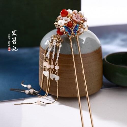 Chinese vintage shell tassel flowers handmade hairpin hair sticks Hair clip accessories Headwear for hanfu kimono COSPLAY 1pc