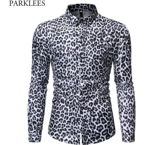 White Mens Leopard Print Shirts Hip Hop Harajuku Shirt Men Spring Long Sleeve Party Dance Chemise Homme Social Camisa Masculina