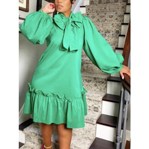 Women Loose Dress O Neck Long Lantern Sleeves with Detachable Bowtie Ruffles Pleat African Large Size Lady Female Vestidos Robes