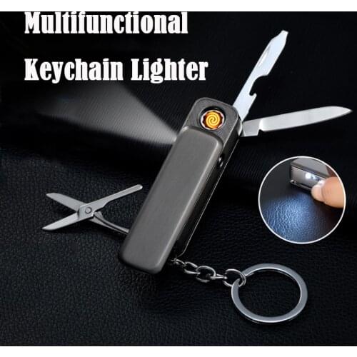 USB Charging Arc Lighter Zinc Alloy Multifunctional Swiss Knife Keychain with Lamp Cigarette Lighter Mens Gadget