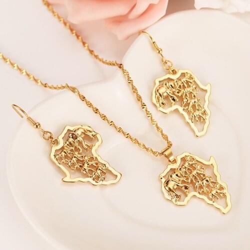 Ethiopian Africa Map elephant Jewelry sets18 K Fine G/F Gold Jewelry Sets Statement Necklace Earrings Pendant African Wedding