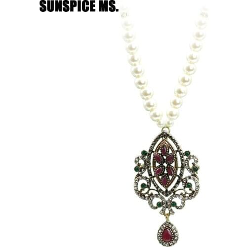 Ethnic Turkish Women Vintage Beads Pendant Necklace Antique Gold Color Resin Flower Long Strand Necklaces Indian Wedding Jewelry