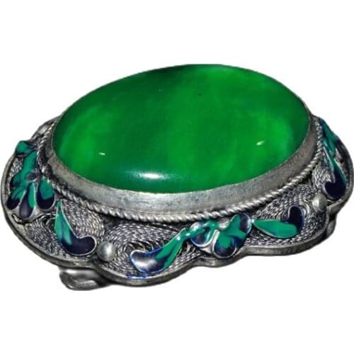 China Old Tibetan Silver Inlaid Emerald Cloisonne Silk Belt Buckle