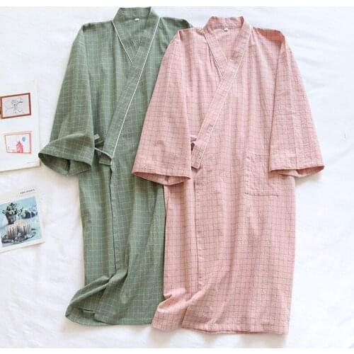 Spring/summer Couple Nightgown Pure Cotton Gauze Men/ Women Kimono Robe Simple Plaid Loose Comfy Thin SPA Home Cotton Bathrobe
