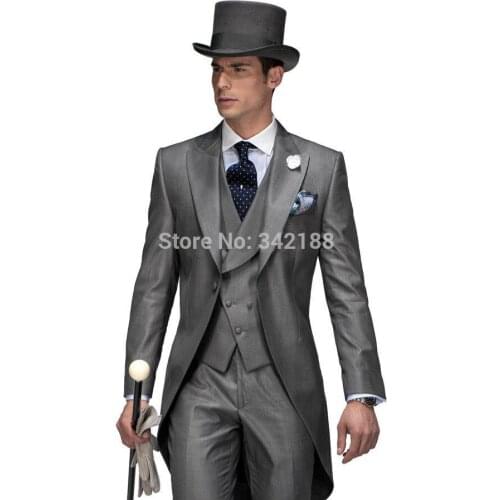 New Arrival long styles grey Groom Tuxedos/best men suits/Groomsmen Peak Collar Men Wedding Suits(Jacket+Pants+Tie+Waistcoat)M00