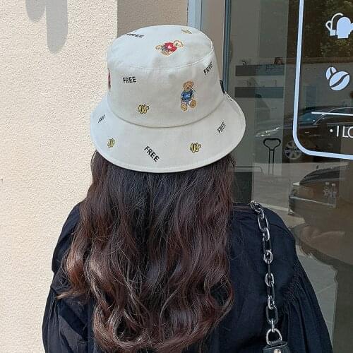 K220 Bucket Hat Womens Hat Korean Bear Fisherman Hat Summer Leisure Hat Girl Embroidery Cartoon Pot Hat Sun Hat Male Panama