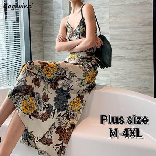 Dress Women Vintage Summer Simple Printing Strap Elegant All-match Clothing Lady Large Size M-4XL Sexy Thin Mid-calf Ins A-line