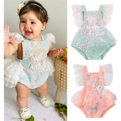 Princess Infant Baby Girls Lace embroidered Romper Sweet Baby Ruffle Fly Sleeve Backless Jumpsuit Summer Romper 0-24M