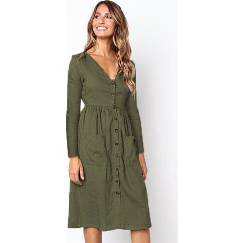 New A-line Cotton Linen Autumn Dress Women V-neck Button Solid Fashion Wild Pocket Long Sleeve Midi Dresses Female Vestidos
