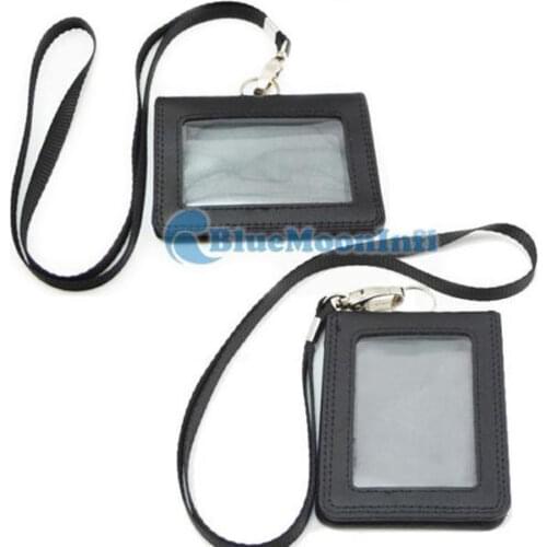 1 Set / Lot Genuine leather ID Card Badge Holder Business Office Vertical Horizontal Black With Clasp Neck Band Strap Lanyard