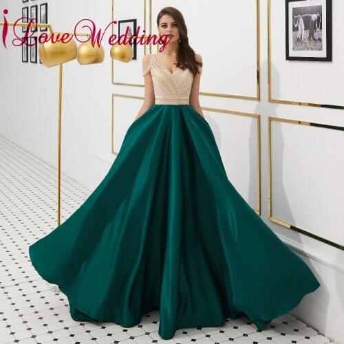 ILoveWedding Luxury Evening Dress Sexy V Neck Green Satin A Line Floor Length Heavy Beading Long Dresses Evening
