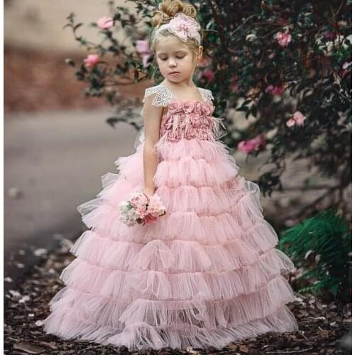 Pink Flower Girl Dresses For Weddings Ball Gown Cap Sleeves Tulle Tiered Long First Communion Dresses For Little Girls