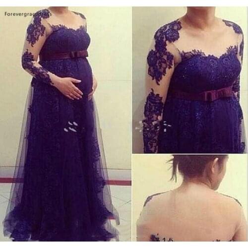 Sheer Long Sleeves Evening Dresses 2019 Appliqued Tulle Maternity Women Holiday Wear Formal Party Prom Gowns Plus Size