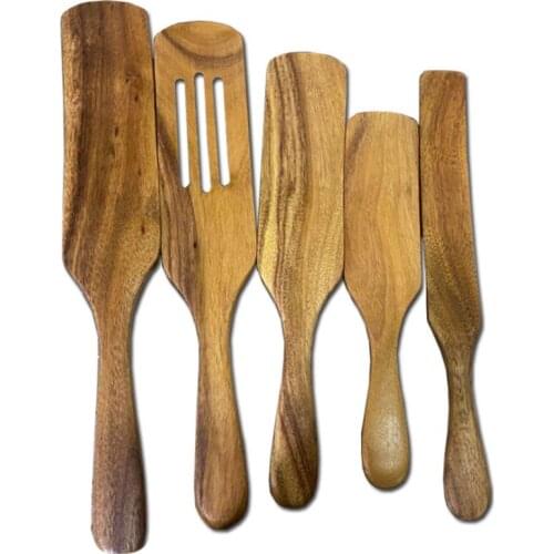 Long-Handled Acacia Wooden Spatula Sauce Omelette Spatula Wooden Spatula Salad Mixing Drain Spatula, 5PCS