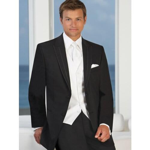 Custom Made Groom Tuxedo Terno Casamento, Bespoke Black suits with White vest / waistcoat, Tailor Made Wedding Suits for men