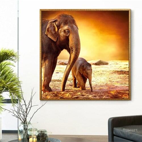 Modern Painting Canvas Wall Art Cute Elephant Mother & Baby Sunset Art Pictures Poster Decoration for Kids Room Baby Bedroom