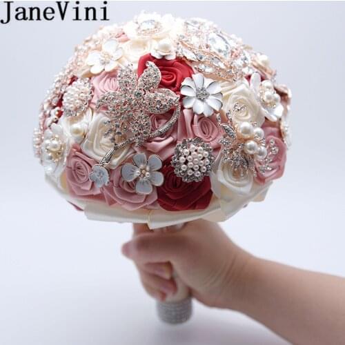 JaneVini Shiny Crystals Rose Wedding Bouquet De Mariage Burgundy Pearls Jewelry Brides Satin Flowers Rhinestone Bridal Bouquets