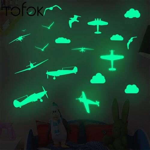 Tofok Luminous Airplane Dayan Clouds Wall Stickers Childrens Room Living Room Bedroom Creative Wall Decals PVC Wallpaper