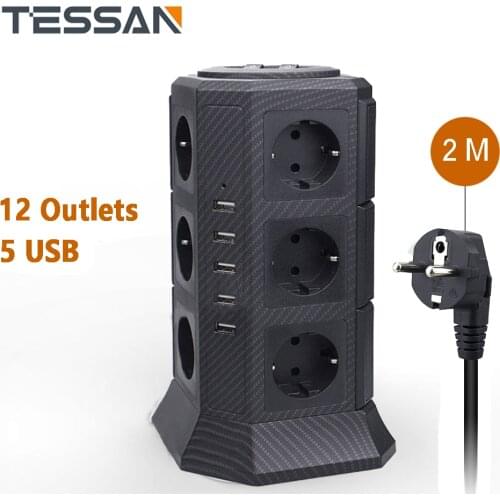 TESSAN EU Power Strip Tower with 12 AC Outlets + 5 USB Charger Adapter Extension Power Socket For charger EU plug