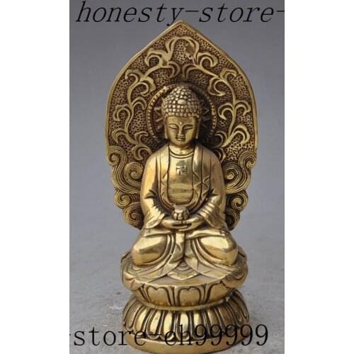 6"tibet Handwork Carved buddhism temple brass lotus sakyamuni Tathagata Amitabha buddha statue metal handicraft