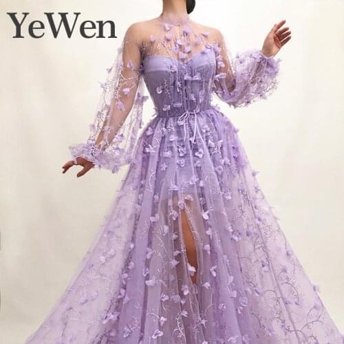 Sexy Lace Flowers Long Sleeves Evening Dress 2020 New Arrival Special Occasion Prom Gowns Purple vestidos de fiesta de noche