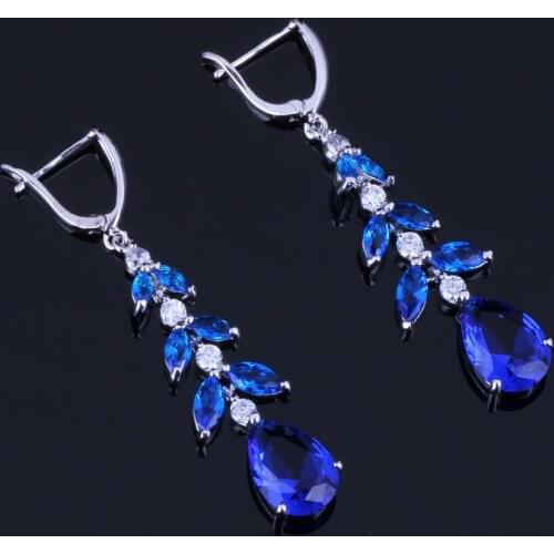 Resplendent Water Drop Blue Cubic Zirconia White CZ Silver Plated Drop Dangle Earrings V0822