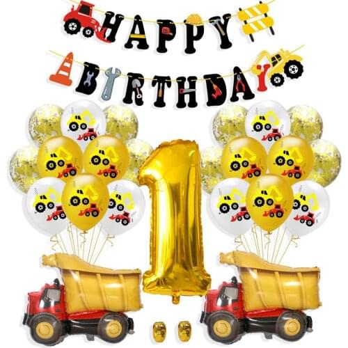 1set Engineering vehicle truck Balloons Banner Birthday Party 1234567890 Large Latex Balloon Maker Game Decoration Mylar Boy Kid