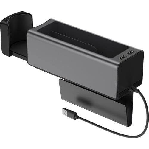 Car Storage Box with Dual USB Ports Armrest Metal Organizer with Retractable Cup Holder Car Seat Crevice Gaps Storage Container