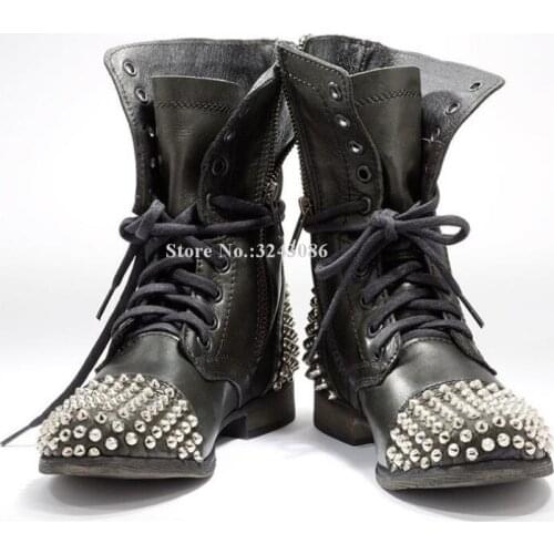 New Black Leather Flat Rivets Woman Ankle Boots Lace-up Best Design Studded Motorcycle Boots Large Size Runway Shoes Dropship
