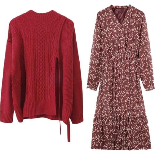 Women Christmas Sweaters Suit Two Piece Autumn Winter Retro Loose Knitted Pullover and Long Dress Set Women Roupa Feminina