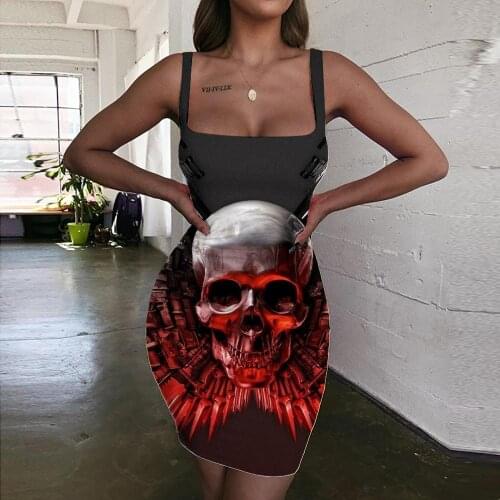Giyu Brand Skull Dress Women Knife 3d Print Metal Vestido Sexy Rock Halter Sleeveless Womens Clothing Party Short Beach
