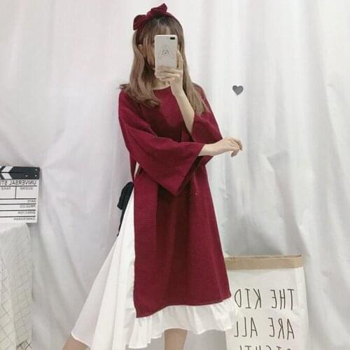Sweet Women Fake-Two-Piece Loose Dress Mid-Calf Cute O-Neck Ruffles Bow Trim Patchwork Dress 2019 Women Fashion One Piece