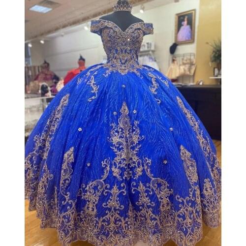 Royal Blue Gold vestidos de 15 años 2021 Puffy Quinceanera Dress Sweet 16 Dress Off-the-Shoulder Quinceanera Ball Gowns