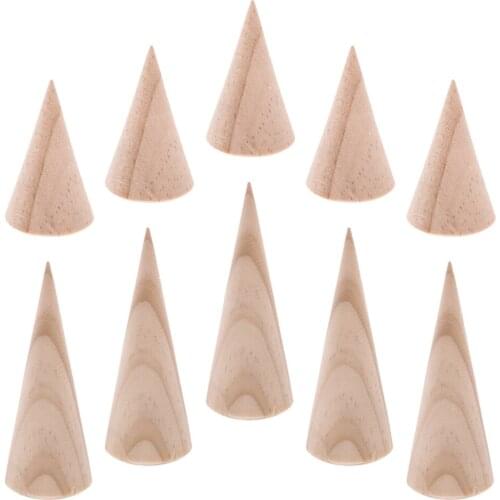 10 Pieces Natural Unfinished Unpainted Plain Cone Shape Wood Ring Jewellery Display Stand Packaging