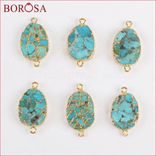 BOROSA 5PCS Oval Gold Color Copper 100% Blue Stone Druzy Connector Double Bails for Bracelet Jewelry Making for Women G1323