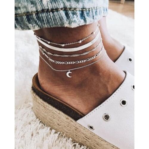 HI MAN Bohemian Simple Moon Pendant Multilayer Anklet Women Fashion Beach Casual Party Jewelry Accessories Friendship Gift