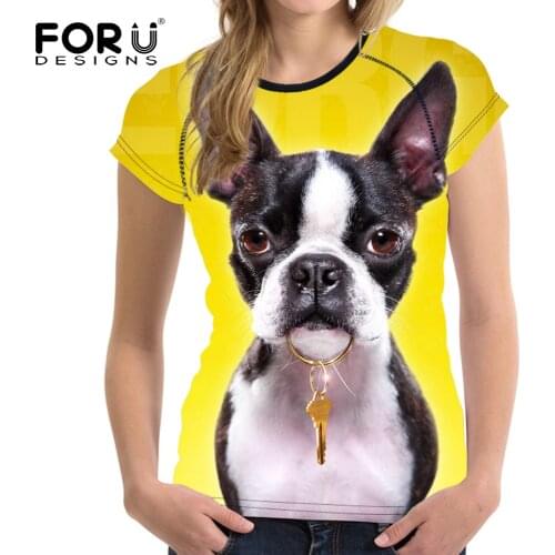 FORUDESIGNS Christmas Gift Women Basic T Shirt 3D Boston Terrier Dog Woman Tops Short Sleeved T-shirt Female Shirts Brand Cloth