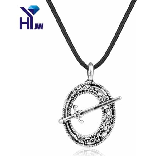 HEYu Norse Viking Jewelry Dark Souls Dark Moon Blade Sword Pendant Necklace Leather Chain Punk Necklace Amulet Colar Gift