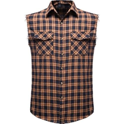 Brown Plaid Shirts Men Summer Brand New Casual Sleeveless Mens Shirt Double Cowboy Pocket Camisas Breathable Oversize Vest