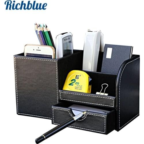 Multi-Functional Desk Stationery Organizer Storage Boxes & Bin Wooden PU Leather Pen Holder Pencil Box Case Containers + Drawer