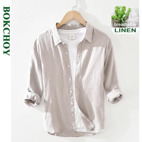 2021 Summer and Spring New Men Linen Shirt Loose Casual Three-quarter Sleeves Resin Buttons White Gray Workwear GD-297A