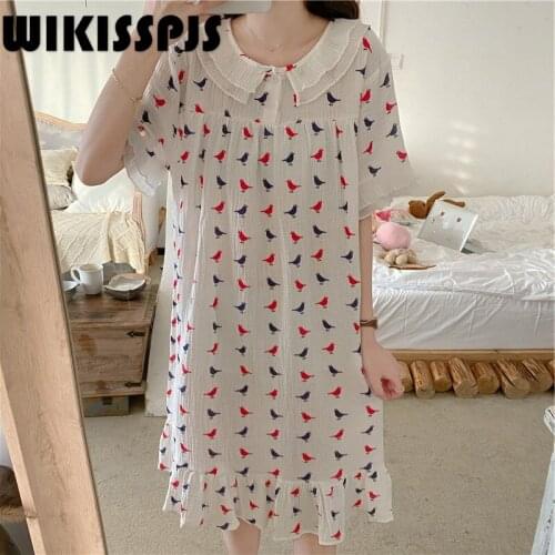 WIKISSPJS 2021 Summer New Cotton Mini Fresh Nightdress Printed Girls' Short Sleeve Home Wear Women Nightwear Night Gown Cute