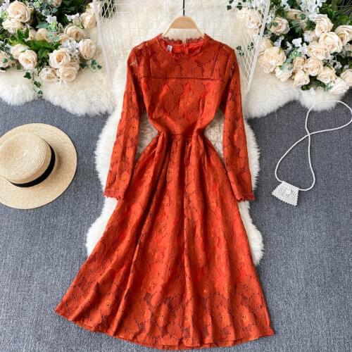 New Arrivals Women dress light mature style womens 2021 new spring temperament 0- neck waist slimming long-sleeved Lace dress