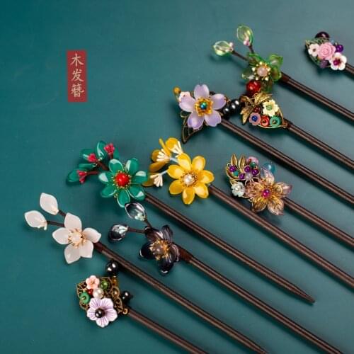 New Hanfu Headdress Chinese Style Ancient Costume Hairpin Wooden Imitation Jade Flower Tassel Step Rocking Girl Hair Stick