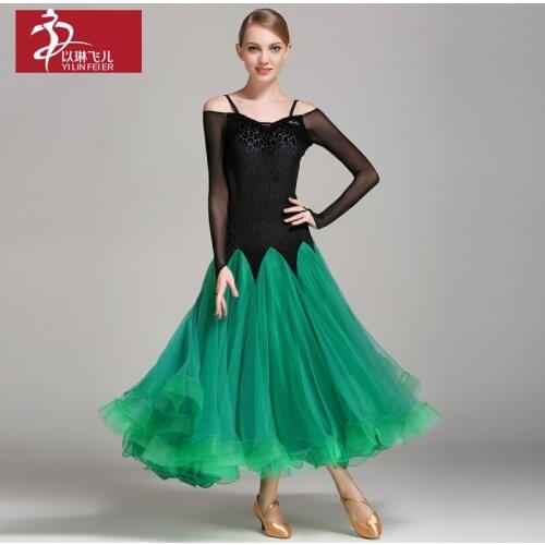 Flamenco Dress with Black Top and Long Mesh Sleeves Tango & Waltz Dance Competition Skirt for Woman Practice Dancewear A0019